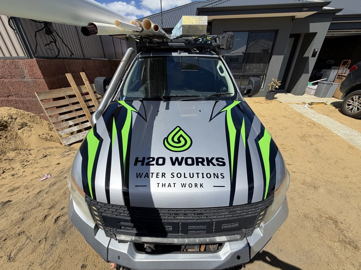 H20 Works business bonnet graphics on a real ute